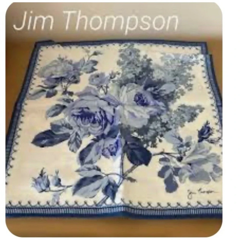 Jim Thompson Thai Silk pillow covers  Set 2 Blue White Floral Rose Square 15